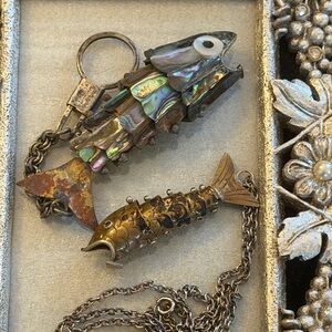 Vintage Elegant Fish Keychain and Necklace Set with Abalone and Brass Finish